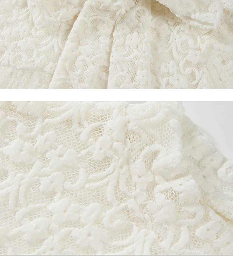 Mock Neck Tie-Up Lace Panel Top with Long Sleeves