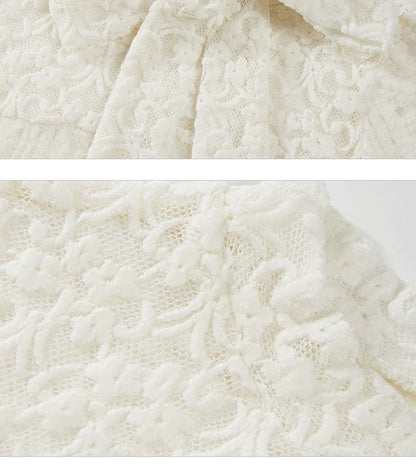 Mock Neck Tie-Up Lace Panel Top with Long Sleeves