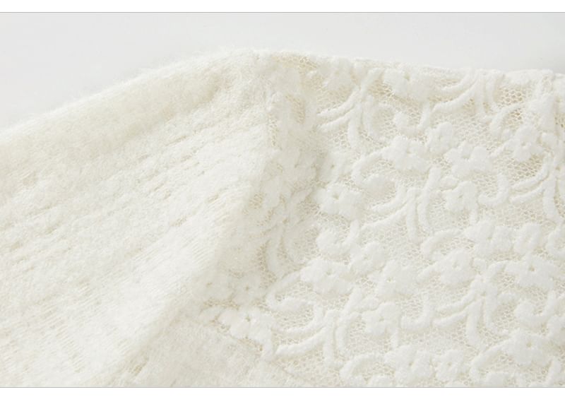 Mock Neck Tie-Up Lace Panel Top with Long Sleeves
