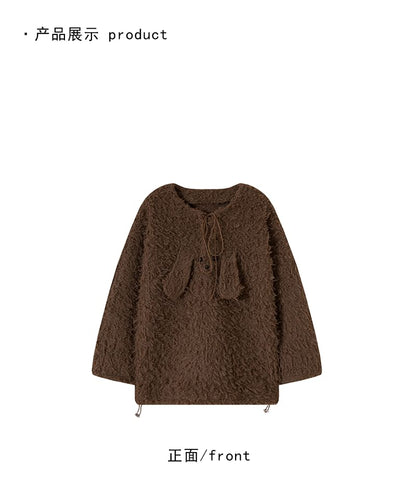 Crew Neck Sweater with Drawstring Lace-Up Front