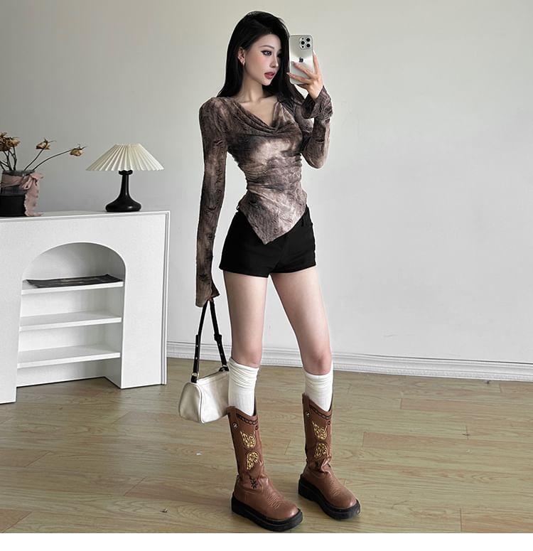 Long Sleeve V-Neck Distressed Hem Tee