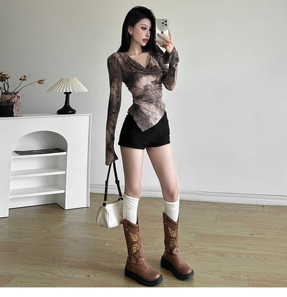 Long Sleeve V-Neck Distressed Hem Tee