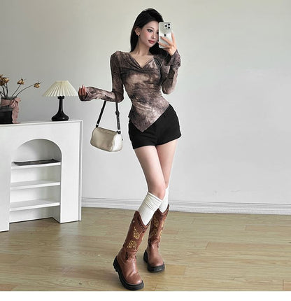 Long Sleeve V-Neck Distressed Hem Tee