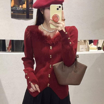 Crewneck Long-Sleeve Knit Top with Lace Hem