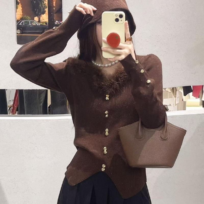 Crewneck Long-Sleeve Knit Top with Lace Hem