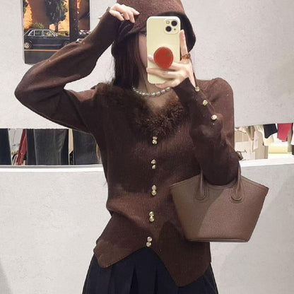 Crewneck Long-Sleeve Knit Top with Lace Hem