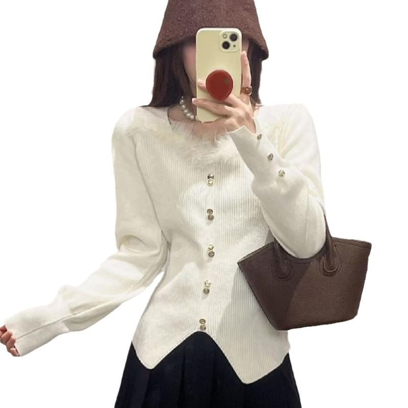 Crewneck Long-Sleeve Knit Top with Lace Hem