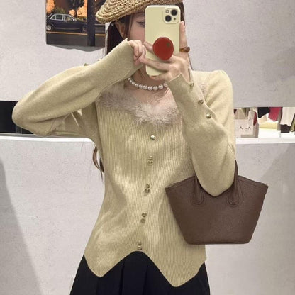 Crewneck Long-Sleeve Knit Top with Lace Hem