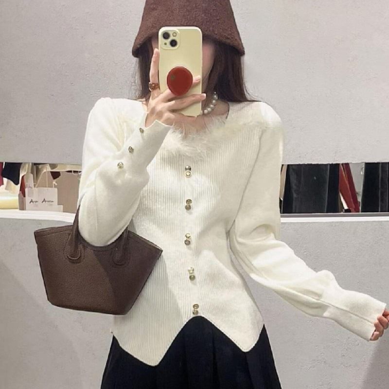 Crewneck Long-Sleeve Knit Top with Lace Hem