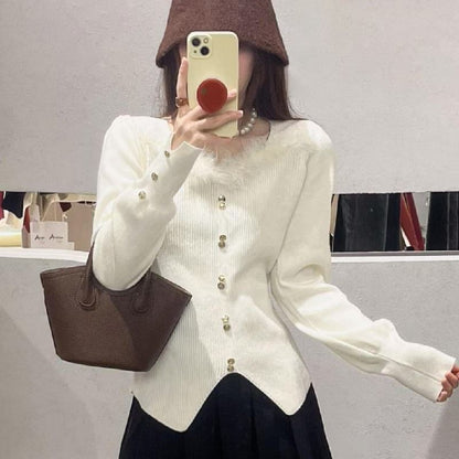 Crewneck Long-Sleeve Knit Top with Lace Hem