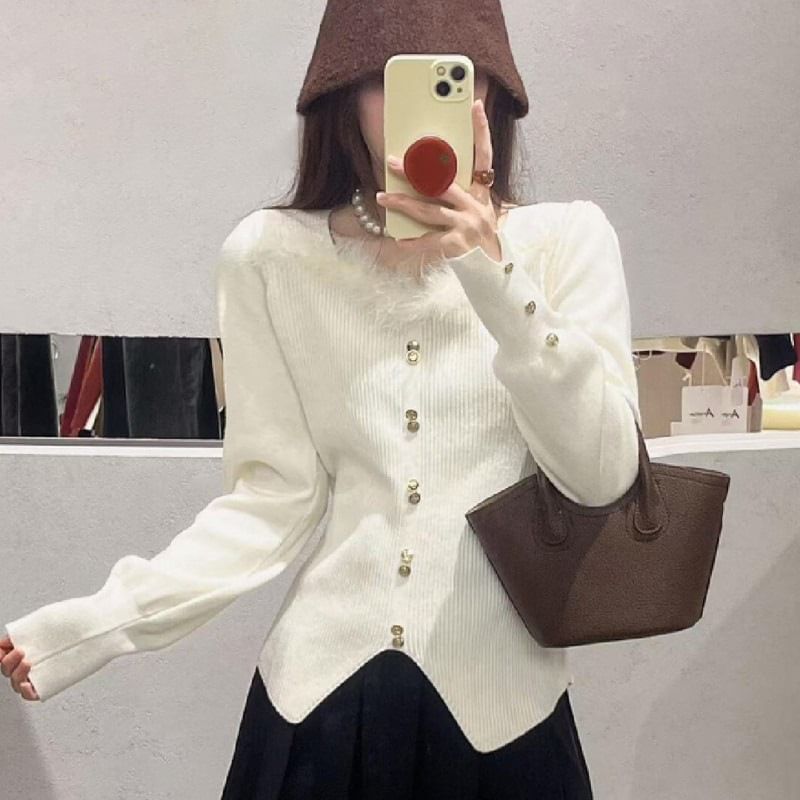 Crewneck Long-Sleeve Knit Top with Lace Hem