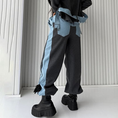 High Rise Color-Block Striped Bow Accent Denim Panel Loose-Fit Wide-Leg Sweatpants