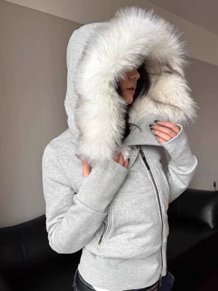 Furry Trim Hooded Zip-Up Jacket