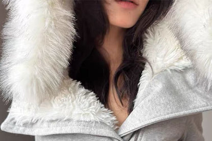 Furry Trim Hooded Zip-Up Jacket