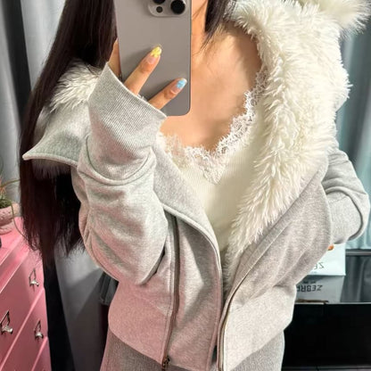 Furry Trim Hooded Zip-Up Jacket