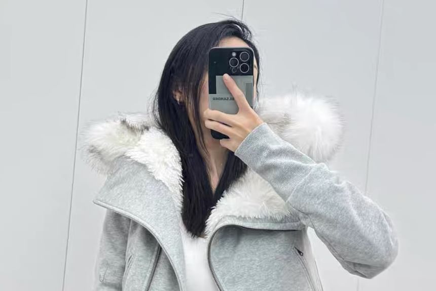 Furry Trim Hooded Zip-Up Jacket