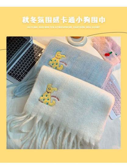 Dog Embroidered Fringed Scarf