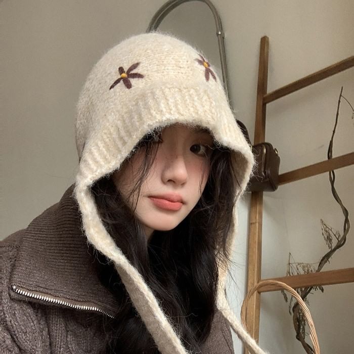 Floral Embroidered Knit Bonnet Hat