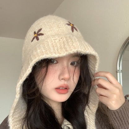 Floral Embroidered Knit Bonnet Hat