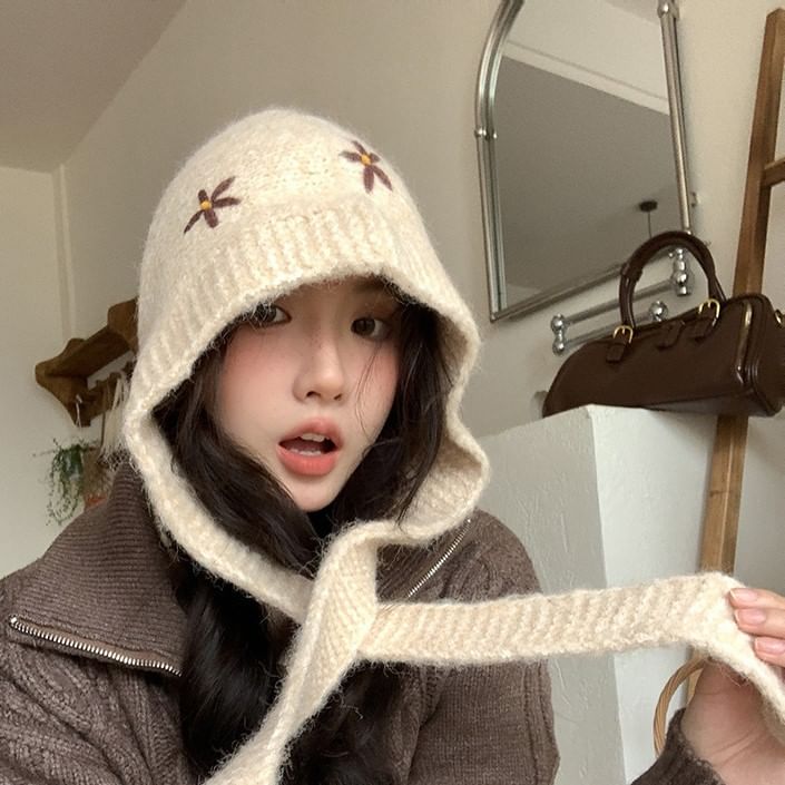 Floral Embroidered Knit Bonnet Hat