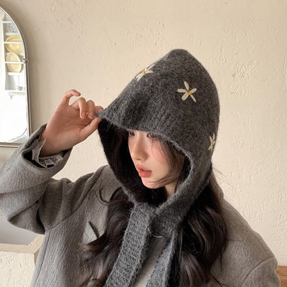 Floral Embroidered Knit Bonnet Hat