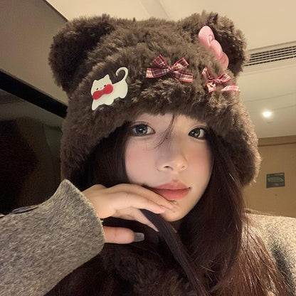 Bear Ear Bow Accent Fluffy Beanie