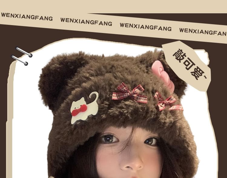Bear Ear Bow Accent Fluffy Beanie