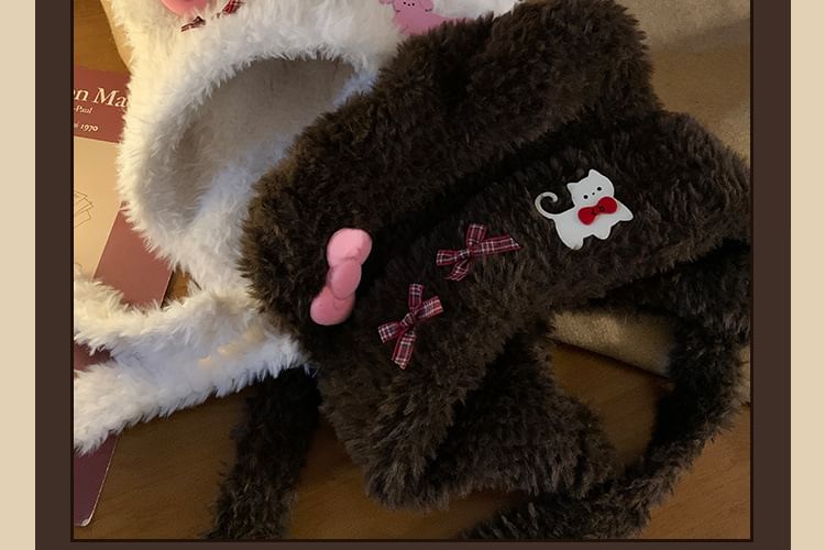 Bear Ear Bow Accent Fluffy Beanie