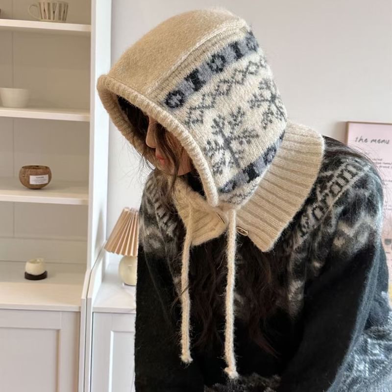 Snowflake Print Knit Balaclava