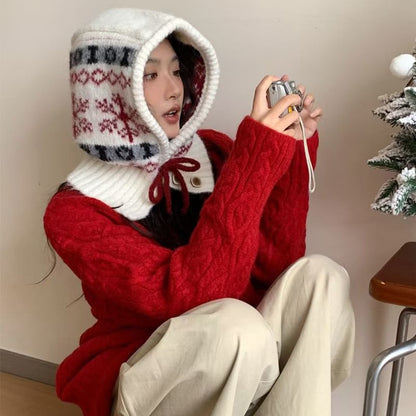 Snowflake Print Knit Balaclava
