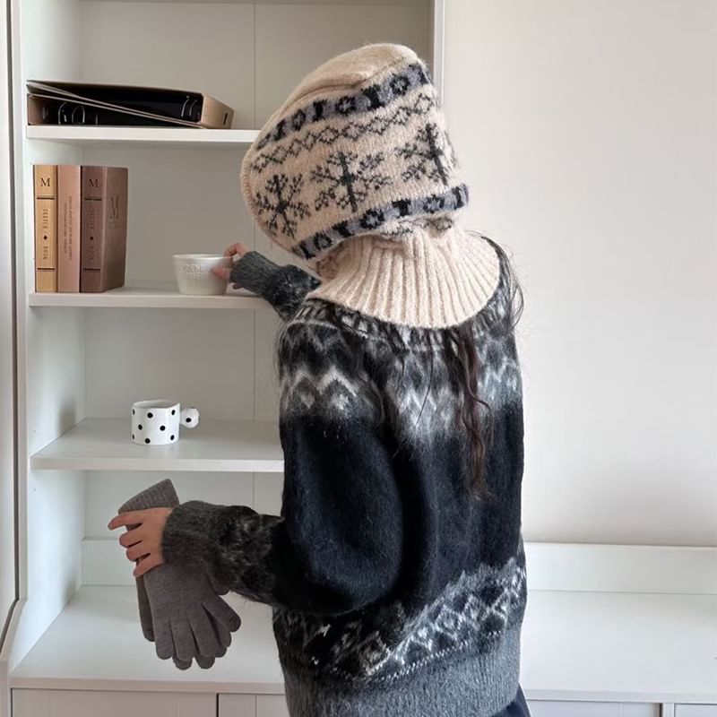 Snowflake Print Knit Balaclava