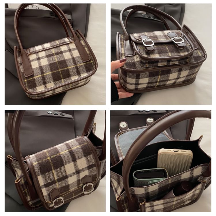 Plaid Flap Buckled Shoulder Bag
