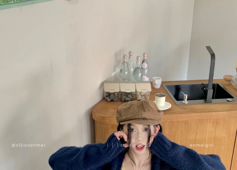 Long Sleeve V-Neck Plain Tee / Plain Long Cardigan / Mid Waist Plaid Mini Pleated Skirt