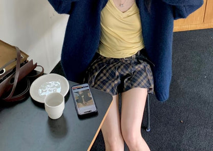 Long Sleeve V-Neck Plain Tee / Plain Long Cardigan / Mid Waist Plaid Mini Pleated Skirt