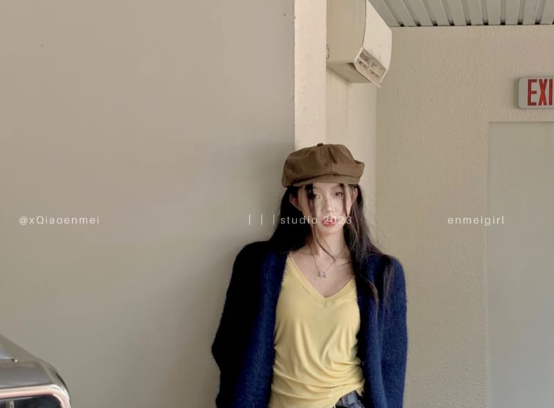 Long Sleeve V-Neck Plain Tee / Plain Long Cardigan / Mid Waist Plaid Mini Pleated Skirt