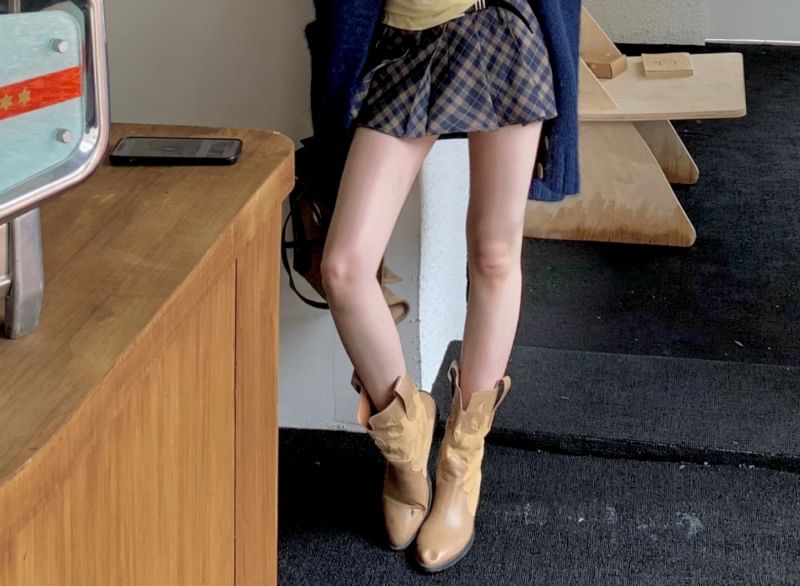 Long Sleeve V-Neck Plain Tee / Plain Long Cardigan / Mid Waist Plaid Mini Pleated Skirt