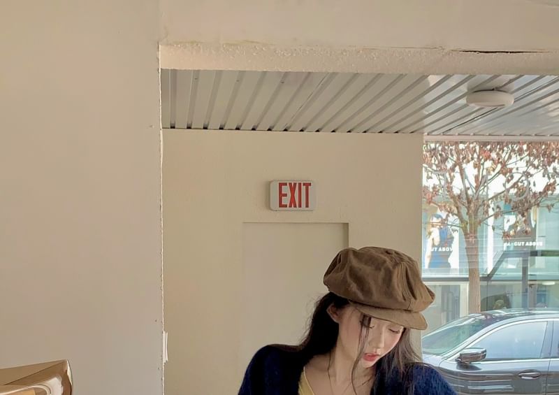 Long Sleeve V-Neck Plain Tee / Plain Long Cardigan / Mid Waist Plaid Mini Pleated Skirt