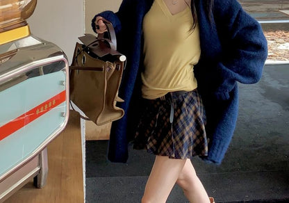 Long Sleeve V-Neck Plain Tee / Plain Long Cardigan / Mid Waist Plaid Mini Pleated Skirt