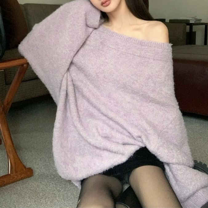 Drop Shoulder Off Shoulder Plain Oversized Sweater / Belt