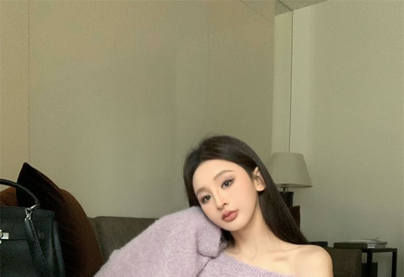 Drop Shoulder Off Shoulder Plain Oversized Sweater / Belt