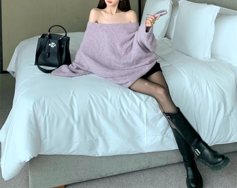 Drop Shoulder Off Shoulder Plain Oversized Sweater / Belt
