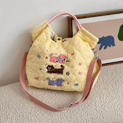 Cartoon Embroidered Heart Quilted Tote Bag