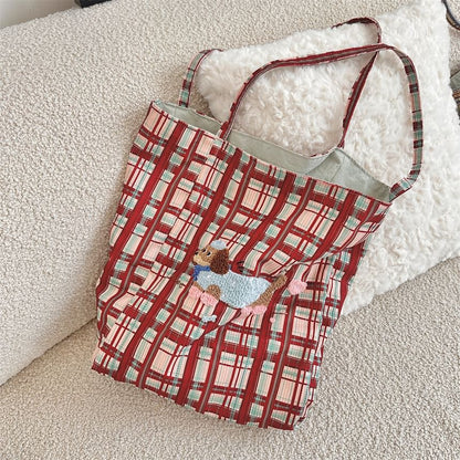 Plaid Cartoon Applique Corduroy Tote Bag