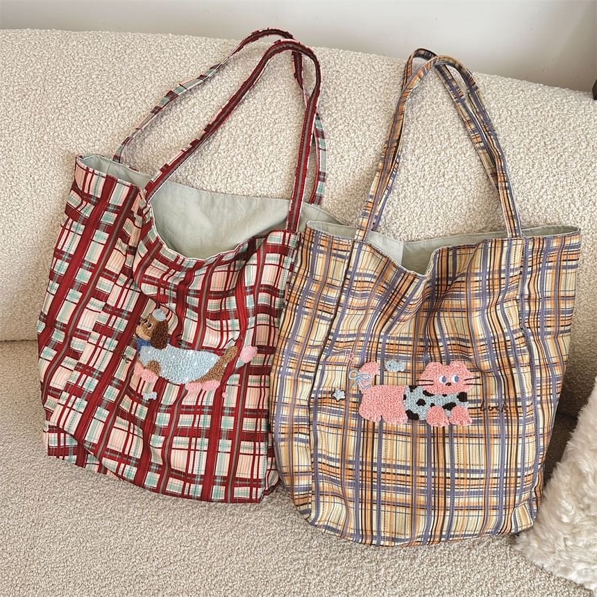 Plaid Cartoon Applique Corduroy Tote Bag