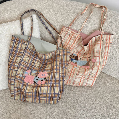 Plaid Cartoon Applique Corduroy Tote Bag