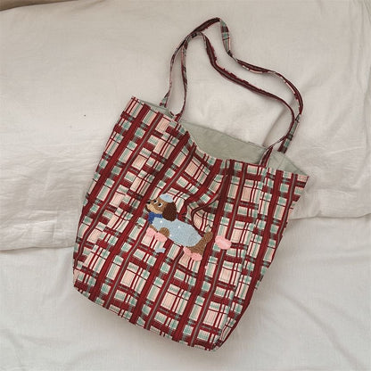 Plaid Cartoon Applique Corduroy Tote Bag