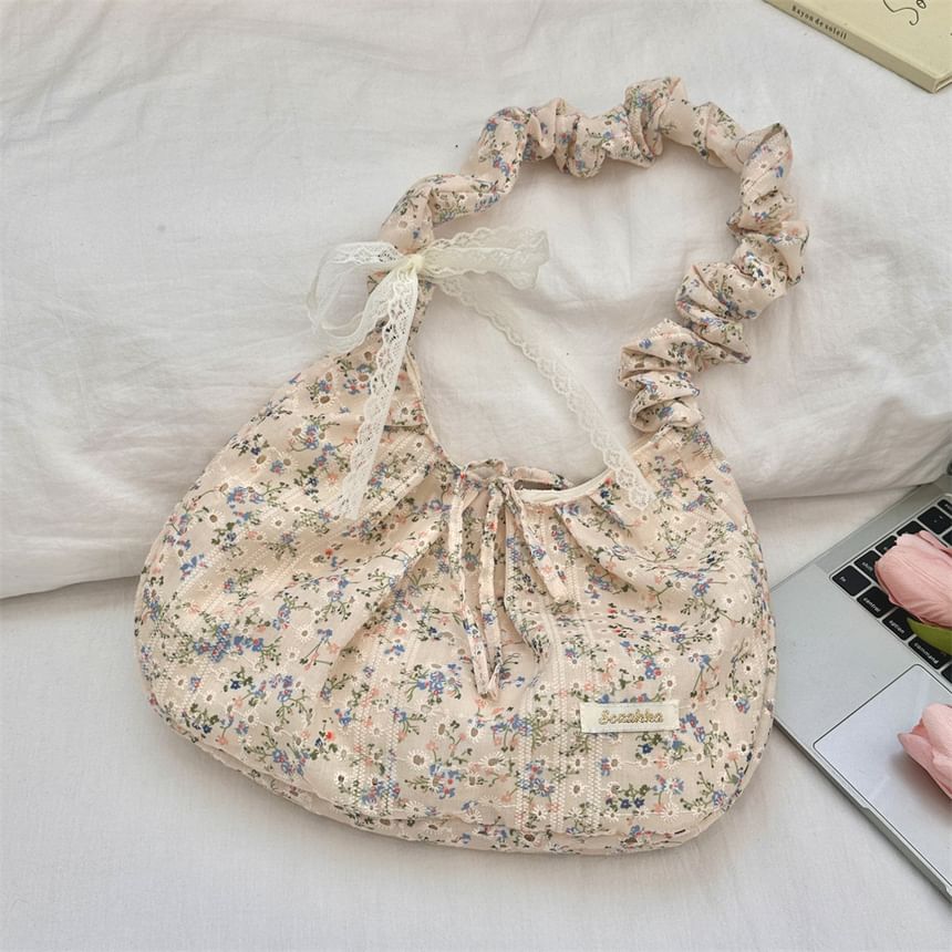 Floral Applique Ruched Strap Shoulder Bag