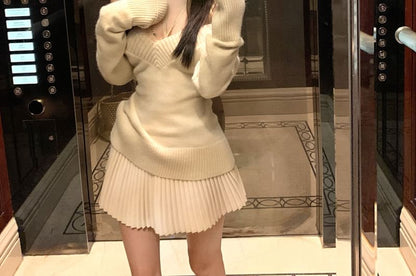 Long Sleeve V-Neck Solid Sweater / Elevated Waist Mini Pleated Skirt / Lace Crop Camisole Top
