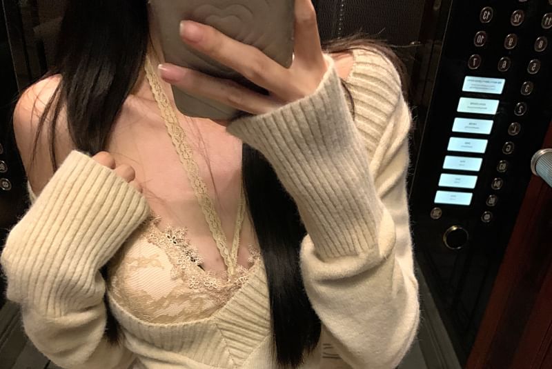 Long Sleeve V-Neck Solid Sweater / Elevated Waist Mini Pleated Skirt / Lace Crop Camisole Top