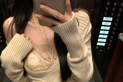 Long Sleeve V-Neck Solid Sweater / Elevated Waist Mini Pleated Skirt / Lace Crop Camisole Top